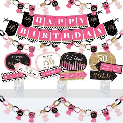 Big Dot of Happiness Chic 50th Birthday - Pink, Black and Gold - Banner and Photo Booth Decorations - Birthday Party Supplies Kit - Doterrific Bundle