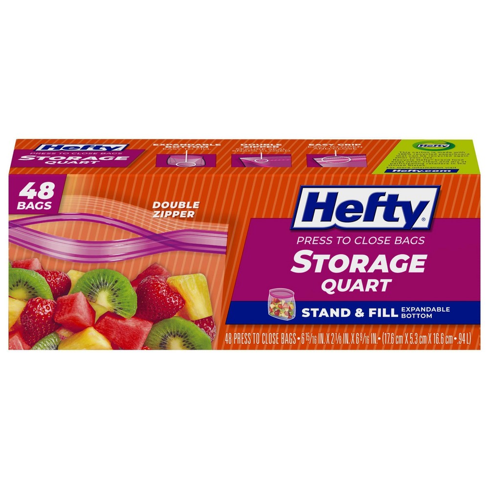 Hefty Quart Stand and Fill Food Storage Bags - 48ct: Double Seal Lock, LDPE Material