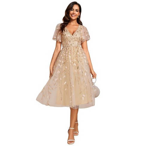 Gold Short Sleeves Leaf Sequin A line Midi Formal Dresses Eg02230 10 Target