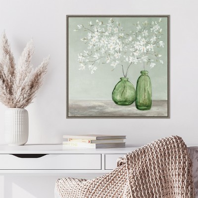 White Blossom Bouquets in Green Vases Canvas Print