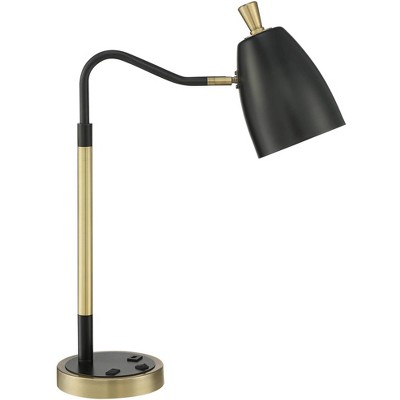 Possini Euro Design Mid Century Desk Table Lamp with USB and AC Power Outlet in Base Gold Metal Black Shade Living Room Bedroom