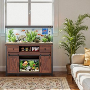 59'' Heavy Duty Aquarium Stand with Power Outlet & Sliding Barn Doors, Metal & Wood Fish Tank Stand for 75-120 Gallon-3irtyhousy - 1 of 4