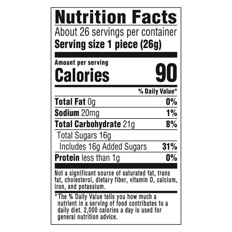 Nutrition Facts label reads About 26 servings per container; serving size 1 piece (26g); 90 calories per serving; Total Fat 0g; Sodium 20mg; Total Carbohydrate 21g; Total Sugars 16g (Includes 16g added sugars, 31%); Protein less than 1g.