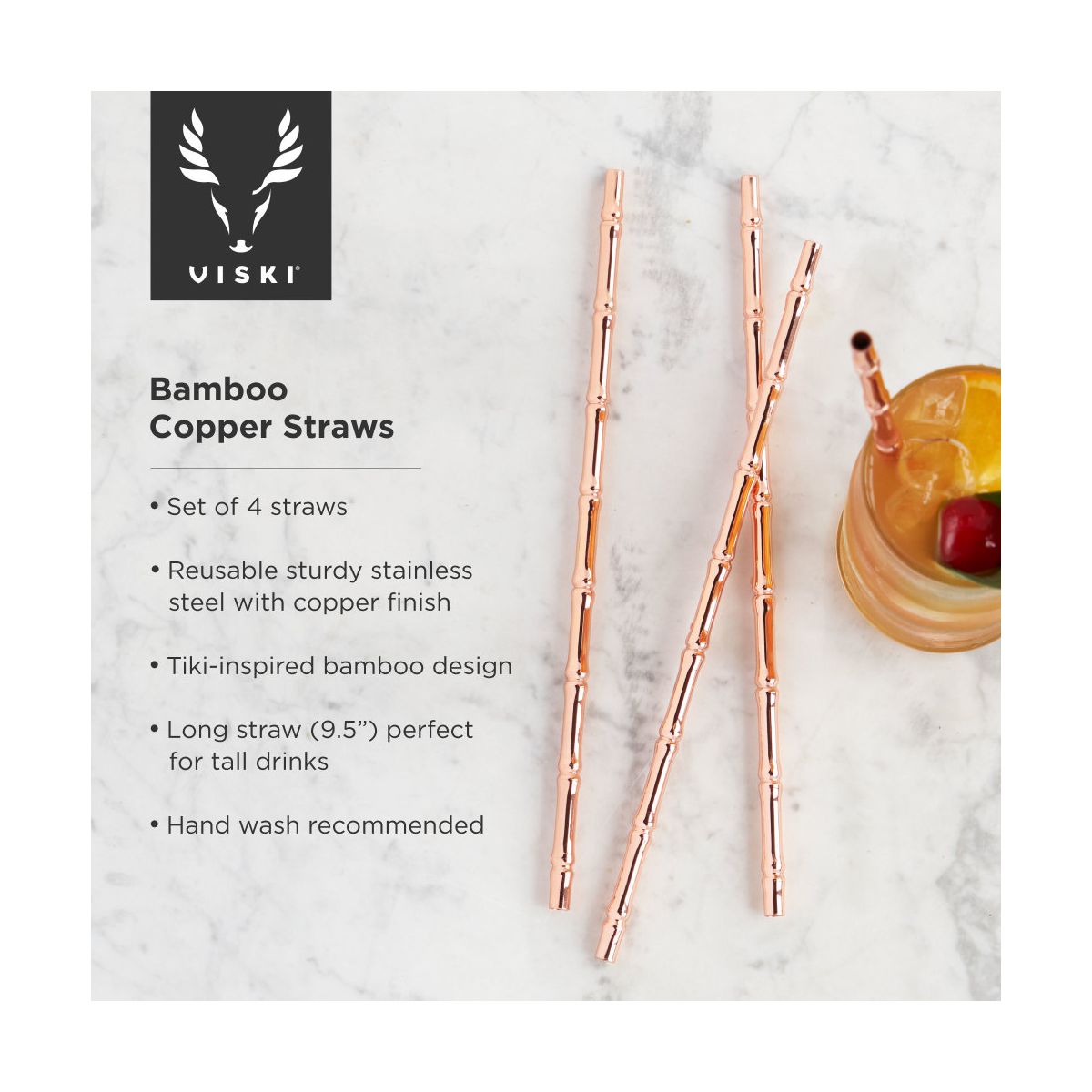 Viski Bamboo Copper Cocktail Straws, Set of 4 Reusable Stainless Steel, Tiki-Inspired Design, Home Bar Accessories, Housewarming Gifts for Women, 9.5” - thumbnail 2