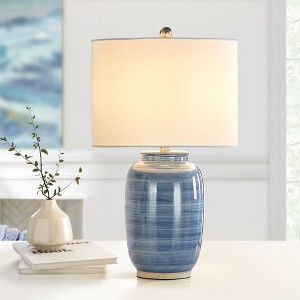 Maxax Blue Ceramic Table Lamp, Striped Design Desk Lamp with Beige Fabric Shade for Bedroom, Living Room, Coastal Decor£¬2-Way 100W E26 Base - 1 of 4