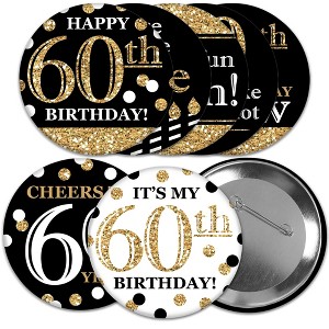 Big Dot of Happiness Adult 60th Birthday - Gold - 3 inch Birthday Party Badge - Pinback Buttons - Set of 8 - 1 of 4