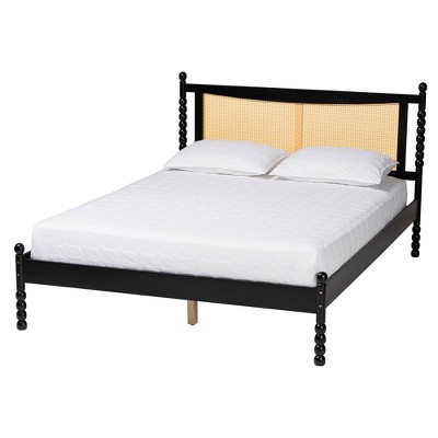 Baxton Studio Queen Okena Wood Platform Bed with Woven Rattan Black/Natural Brown: Mid-Century Design, No Box Spring Needed