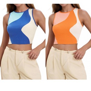 INSPIRE CHIC Women's Color Block Summer Crew Neck Ribbed Sleeveless Crop Going Out Tank Tops 2 Packs - 1 of 4