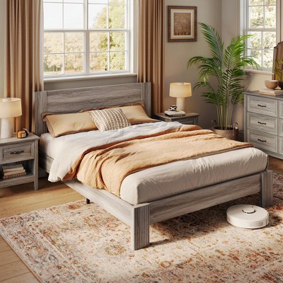 Farmhouse Wood Bed Frame with Headboard, Easy Assembly, Noise-Free, No Box Spring Required
