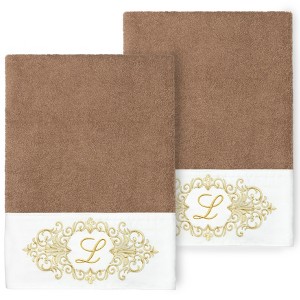 Linum Home Textiles 100% Turkish Cotton MONICA Gold Thread 2PC Embellished Bath Towel Set - 1 of 3