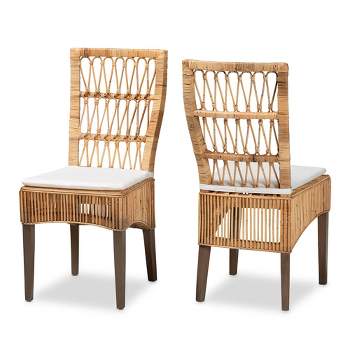2pc Sullivan Rattan Dining Chair Set Brown - bali & pari: Mahogany Frame, Upholstered Cushion, Bohemian Style