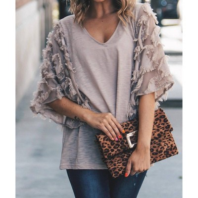 Women's Feather Detailed 3/4 Sleeve Slub Top - And The Why