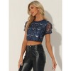 Allegra K Women's Christmas Sequin Shiny Glitter Crop Sheer Short Sleeves Tassel T-Shirt - 3 of 4