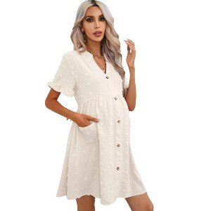 Coolmee Women's Summer Mini Dress Short Sleeve Babydoll Dress V Neck Button Down Dress with Pockets - 1 of 4