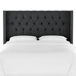 Twin Louis Diamond Tufted Wingback Headboard Black Linen with Pewter Nail Buttons - Skyline Furniture