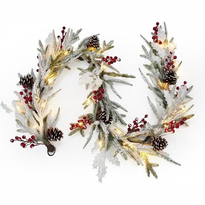 6 FT Pre-lit Christmas Garland with 20 LED Lights, Xmas Artificial Green Rattan with Snow Frost