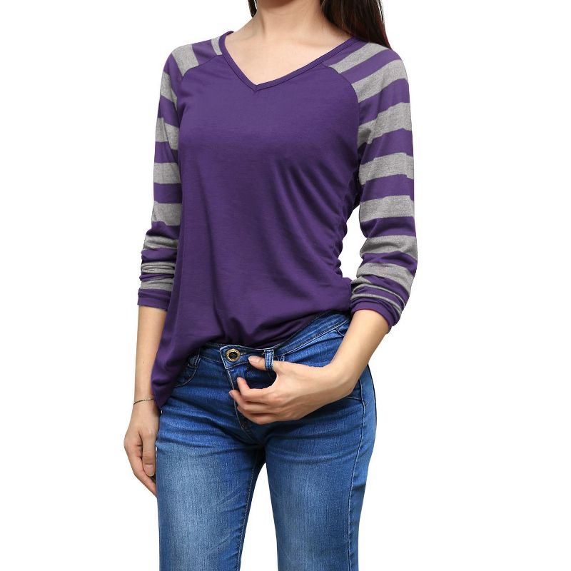 Allegra K Women's Striped V Neck Long Raglan Sleeve T-Shirts, 1 of 6