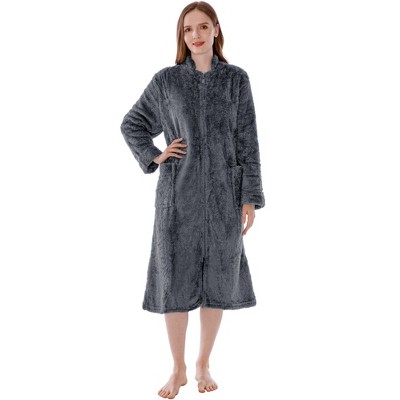 PAVILIA Womens Fluffy Housecoat Zip Robe, Faux Shearling Zipped Up Front Bathrobe, Plush Warm Zipper House Coat Lounger