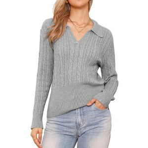 INSPIRE CHIC Women's Lapel V Neck Long Sleeve Casual Sweater - 1 of 4