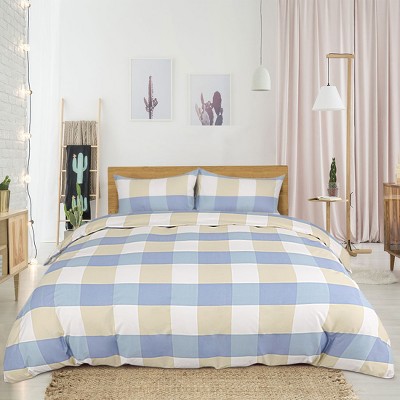 3 Pcs Microfiber Checkered Bedding Sets Queen Blue and White - PiccoCasa