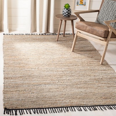 Beige Handwoven Leather and Cotton Area Rug with Fringe, 5' x 8'