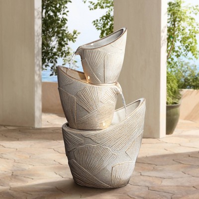 Ivory Trio Urn LED Cascading Rustic Outdoor Fountain