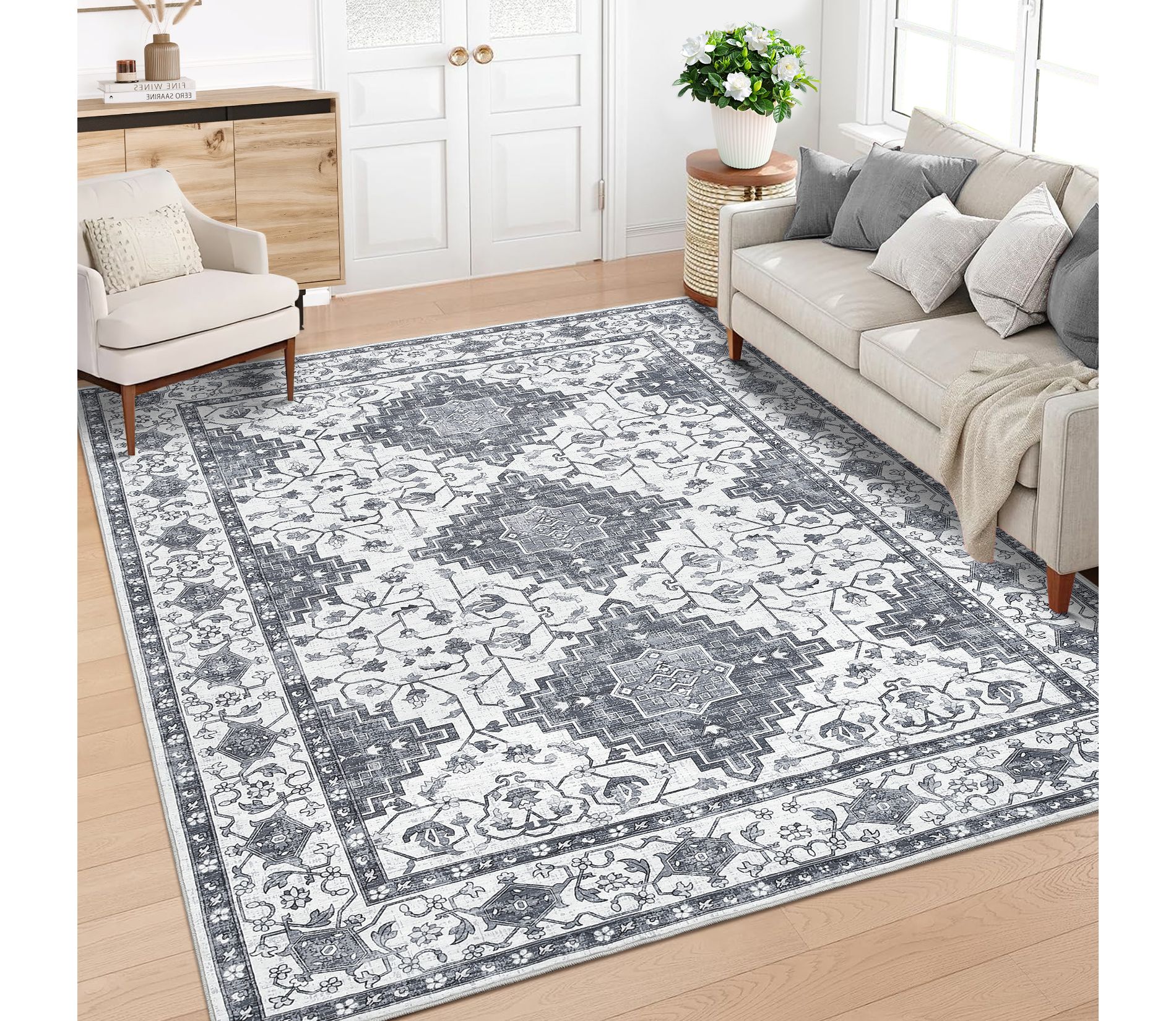 Vintage Floral Area Rugs Machine Washable Soft Low Pile Non-Slip Accent Carpet, 8'x10'