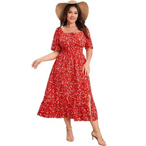 YESFASHION Womens Plus Size Square Neck Floral Print Summer Dress Ruffle Short Sleeve Tie Front Slit Hem Boho Maxi Dress - 1 of 4