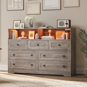 Dresser for Bedroom with Charging Station & LED Lights,7 Drawer Wooden LED Dresser with 2 Open Storage Cubbies - 1 of 4