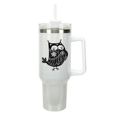 Elanze Designs 40 Ounce Travel Tumbler With Straw and Lid Stainless Steel Double Wall Insulated Garden of Flowers Owl White Glitter