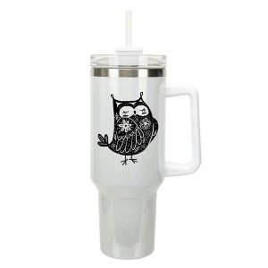Elanze Designs 40 Ounce Travel Tumbler With Straw and Lid Stainless Steel Double Wall Insulated Garden of Flowers Owl White Glitter - 1 of 4