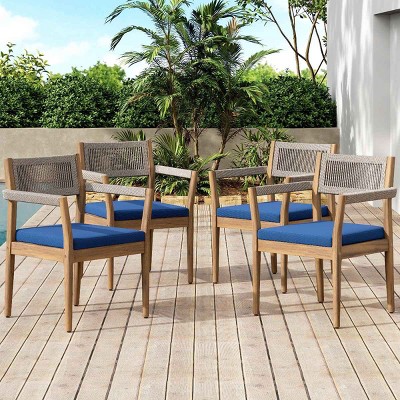 Outdoor Dining Chairs, Acacia Wood Frame Chairs with Armrests, Braided Rope Chair with Polyester Cushions-Coolbibila