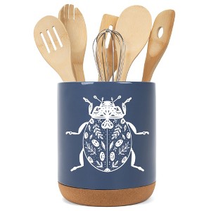 Elanze Designs 8 inch Floral Beetle Large Ceramic Kitchen Utensil Holder Navy Blue and White Crock with Cork Base - 1 of 4