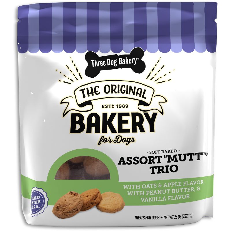 Three Dog Bakery Assorted &#34;Mutt&#34; Trio Chewy with Peanut Butter, Carob and Vanilla Flavor Dog Treats - 26oz, 1 of 10