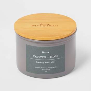 14oz Lidded Gray Glass Jar Crackling Wooden 3-Wick Candle with Paper Label Vetiver + Moss - Threshold™