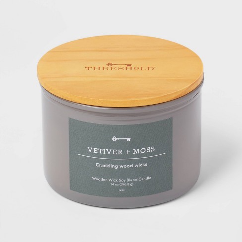 14oz Lidded Gray Glass Jar Crackling Wooden 3-wick Candle With Paper Label  Vetiver + Moss - Threshold™ : Target