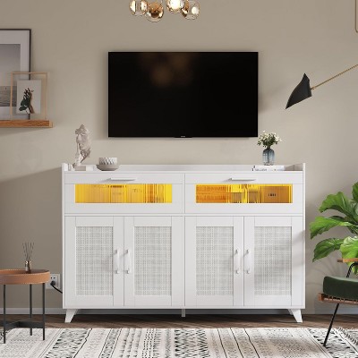 Garvee Sideboard Buffet Cabinet with Power Outlet & LED Light -with 2 Fluted Acrylic Drawers & 4 Rattan Doors