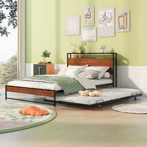 Full Size Metal Platform Bed Frame with Trundle, USB Ports and Slat Support ,No Box Spring Needed - 1 of 4