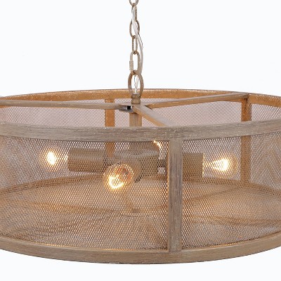 Rustic Farmhouse Woodgrain Metal Drum Chandelier with Mesh Sides