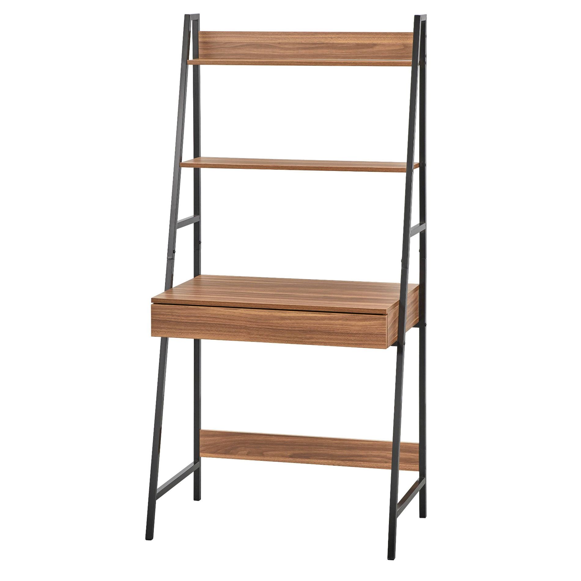 Buylateral Denton Ladder Desk Walnut/Black: Compact Secretary Workstation with Drawer, MDF Surface