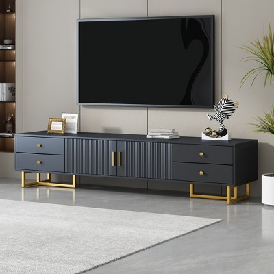 Runesay Modern 70" TV Stand with Wave Pattern Doors, 4 Drawers and Cabinet Storage, Black
