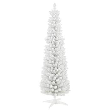 HOMCOM 6 FT Snow Flocked Artificial Pencil Christmas Tree, Slim Xmas Tree with Realistic Branches and Plastic Base Stand for Indoor Decoration White