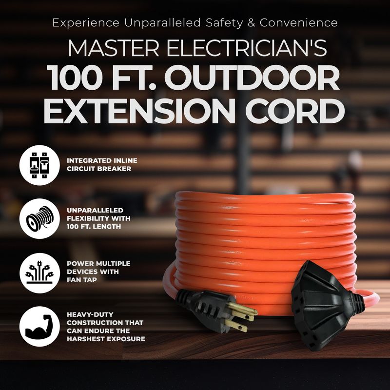 Master Electrician 100 Feet Outdoor Extension Cord with Fan Tap and Inline Circuit Breaker for Tools and Home Improvement, Orange, 2 of 7