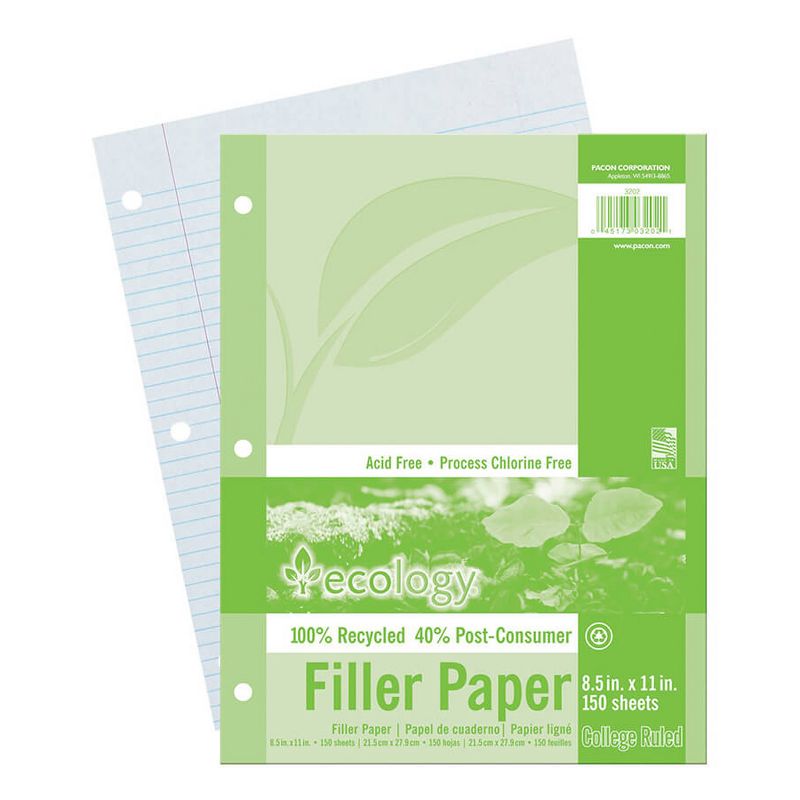 Ecology® Recycled Filler Paper, White, 3-Hole Punched, 9/32" Ruled w/ Margin 8-1/2" x 11", 150 Sheets Per Pack, 6 Packs, 2 of 4