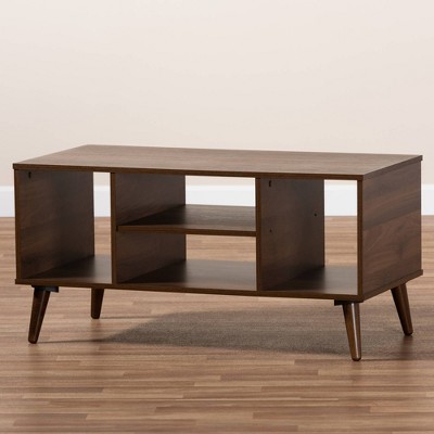 Linas Mid-Century Walnut Wood Coffee Table with Shelves