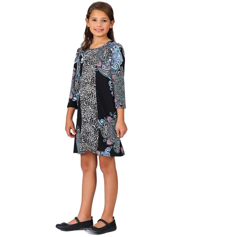 24seven Comfort Apparel Black Multiprint Knee Length Girls Fall Dress, 2 of 6