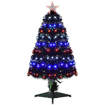 HOMCOM 3 FT Tall Pre-Lit Douglas Fir Artificial Christmas Tree with Realistic Branches, 90 Multi-Color LED Lights, Fiber Optics, and 90 Tips