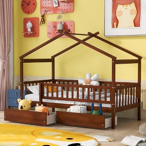 TIRAMISUBEST Twin/Full Size House Bed with 2 Storage Drawers, Wooden House Platform Bed with Fence Guardrails and Roof Design for Kids - 1 of 4