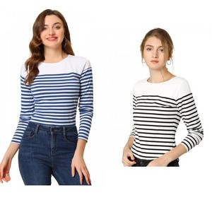 Allegra K Women's Color Block Round Neck Long Sleeves Striped Basic T-Shirt 2 Packs - 1 of 4
