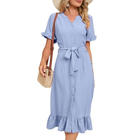 Women's Button Down Midi Shirt Dress Summer Short Sleeve Tie Waist ...